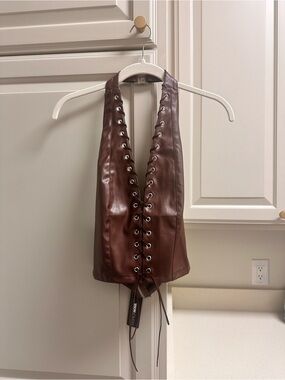 Fashion Nova Brown Lace-Up Faux Leather Halter Top